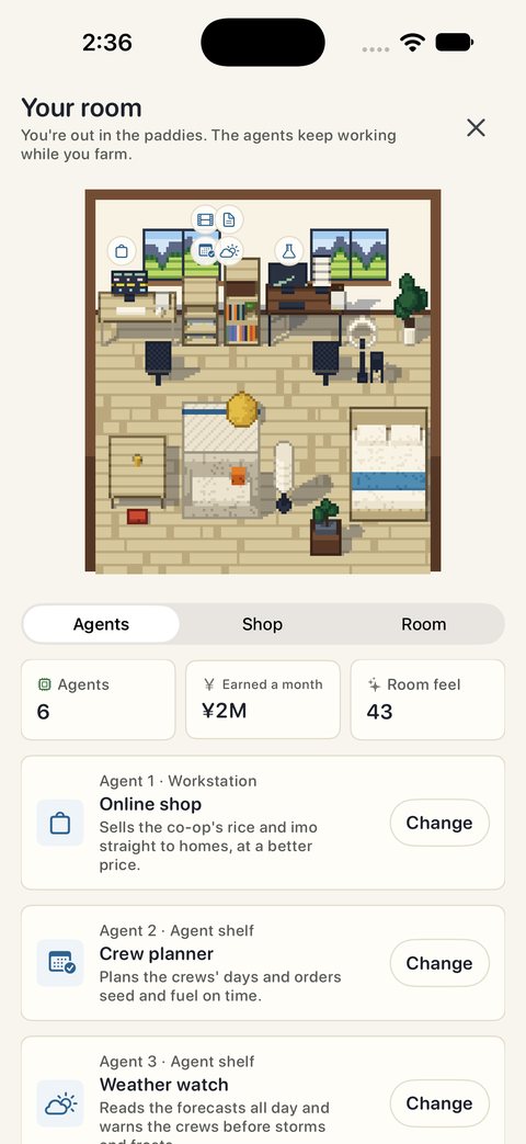 Your room in gohanSim, with desks where AI agents work while you farm